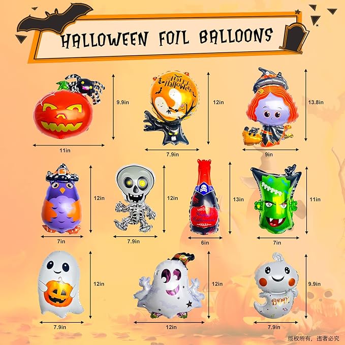 20Pcs Halloween Party Balloons, Ghost Pumpkin Black Bat Spider Witch Wizard Black Cat Monster Balloons for Halloween Theme Party Decorations Supplies