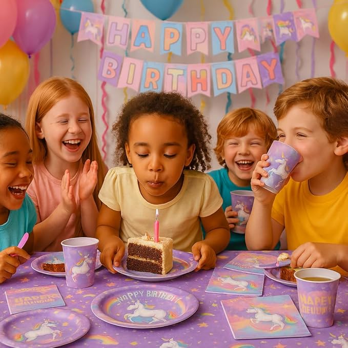 Unicorn Birthday Party Supplies Kit – 146 PCS Unicorn Party Decorations for 24 Guests, Includes Plates, Cups, Napkins, Banner, Cutlery, Tablecloth, Straws – Rainbow Theme for Girls & Boys
