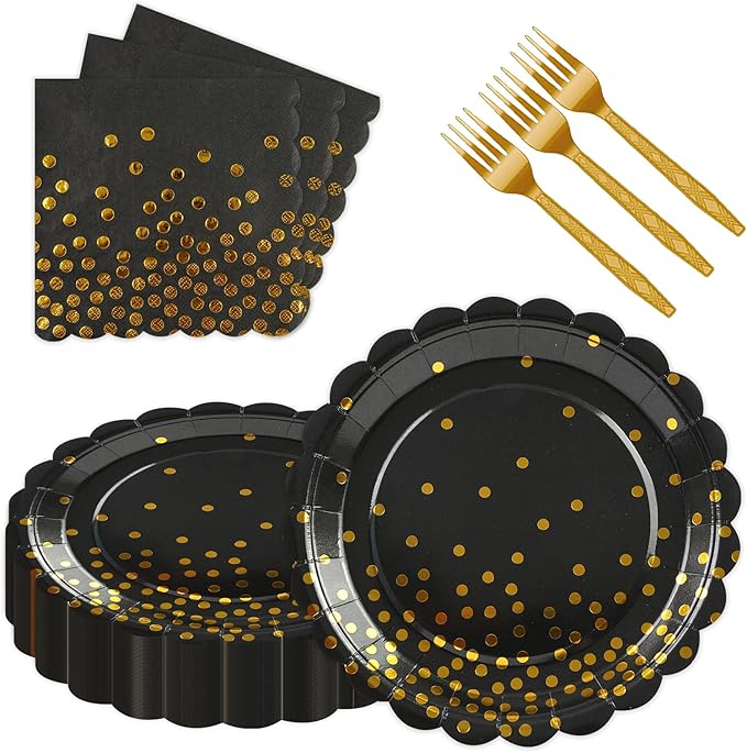 90PCS Black and Gold Plates and Napkins Party Supplies Decorations, 7Inch Scalloped Black Paper Plates and Napkins Set Disposable Party Dinnerware for Birthday Wedding,Graduation