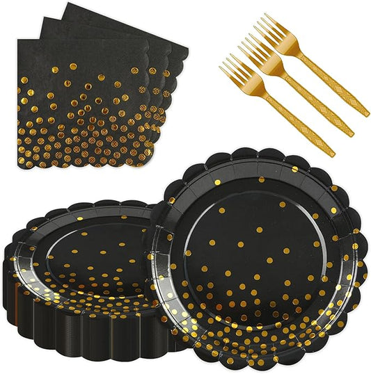 90PCS Black and Gold Plates and Napkins Party Supplies Decorations, 7Inch Scalloped Black Paper Plates and Napkins Set Disposable Party Dinnerware for Birthday Wedding,Graduation