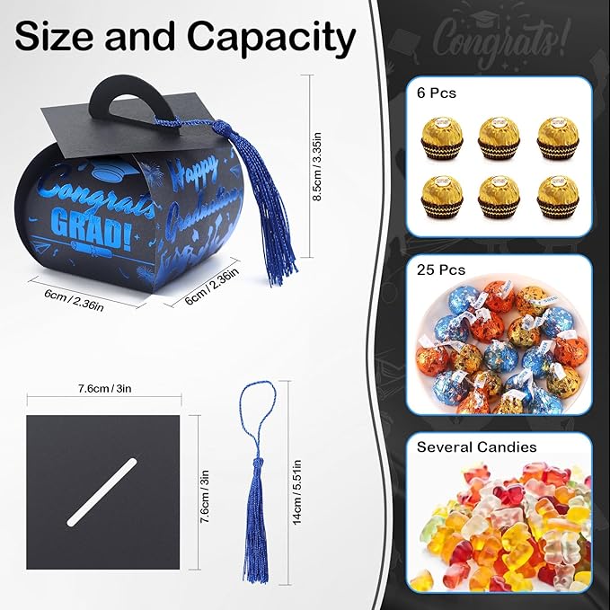 COTOPHER 36 Pcs Graduation Cap Gift Boxes with Tassel, Class of 2025 Graduation Candy Boxes Centerpieces for Tables Party Decorations, Mini Treat Chocolate Box Graduate Favors Supplies