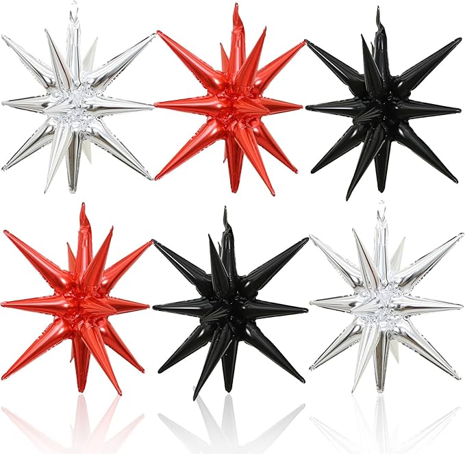 6PCS Star Balloons, 22Inch Black Red and Silver Star Balloon Foil Balloons Spike Cone Balloon for Graduation Birthday Anniversary New Year Kids Boys Party Decorations