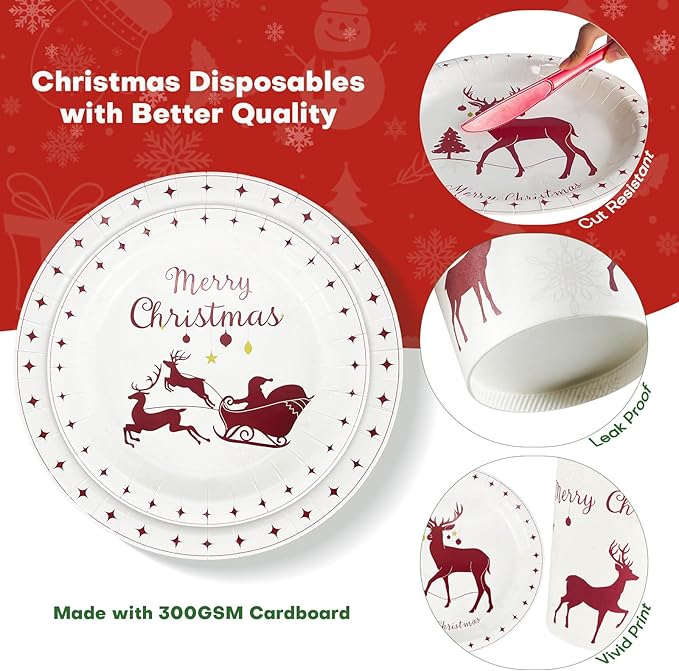 Christmas Plates and Napkins w/Cutlery & Cups, 50 Serve Reindeer Christmas Dinnerware Sets, Xmas Paper Plates Disposable Party Sets, Holiday Tableware for Winter Party Decorations Supplies (350 pcs)