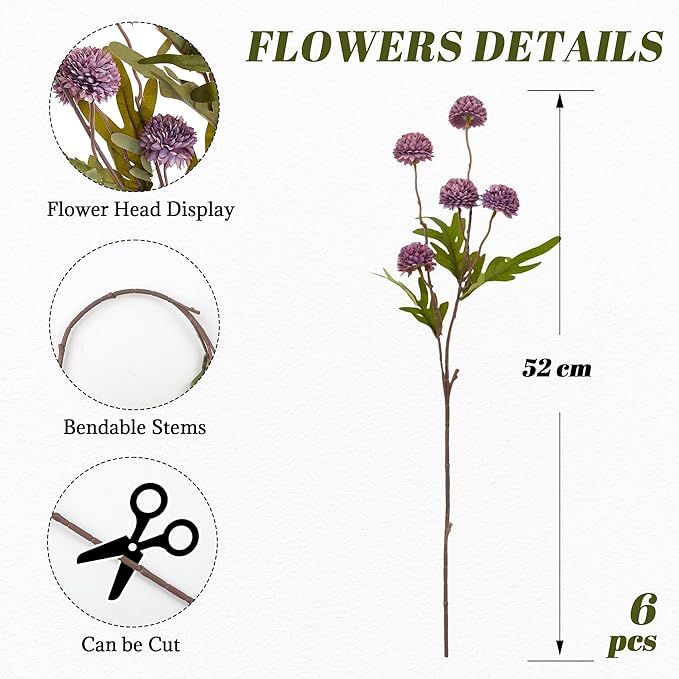 SITUMEIZI Purple Pompon Mum Artificial Flowers Faux Silk Mums Mini Chrysanthemum with Stems 6Pcs for DIY Purple Wedding Centerpieces Floral Arrangements