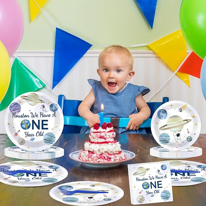 96 Pieces Outer Space 1st Party Plates We Have a One Year Old Theme Party Decorations Space Paper Plates and Napkins First Trip Around The Sun Disposable Dessert Tableware Set Supplies 24 Guests