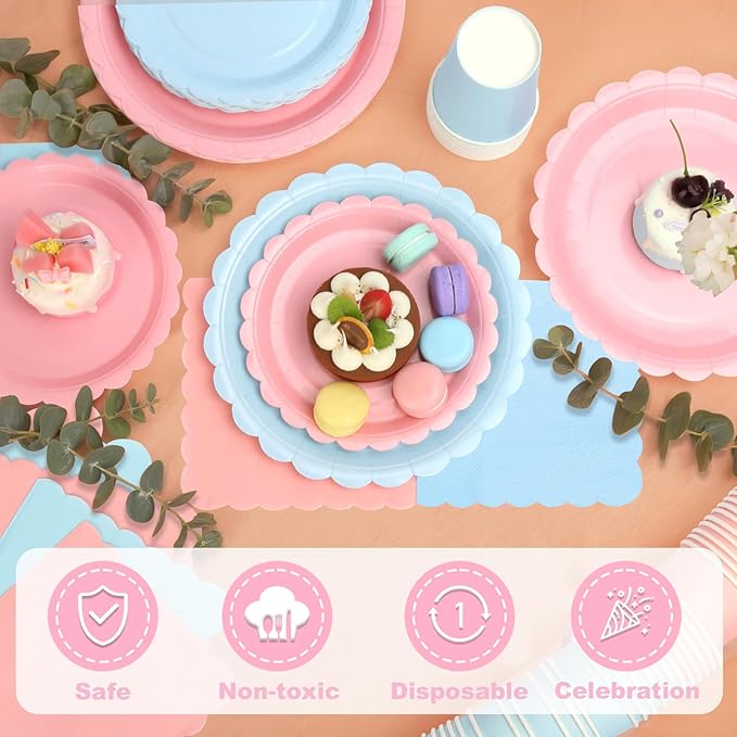 260 Pcs Blue And Pink Party Supplies - For 52 Guests Paper Plates And Napkins/Cups - Disposable Small Scalloped Dinner Party Set Cutlery - For Bbq Baby Shower Bridal Shower Wedding