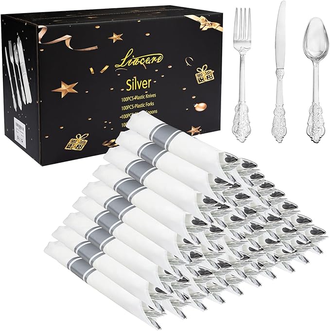 Liacere 400PCS Silver Plastic Silverware - Pre Rolled Napkins Disposable Silver Cutlery-Premium Quality Gold Plastic Utensils - Includes 100Forks,100Knives,100Spoons,100Napkins&Christmas