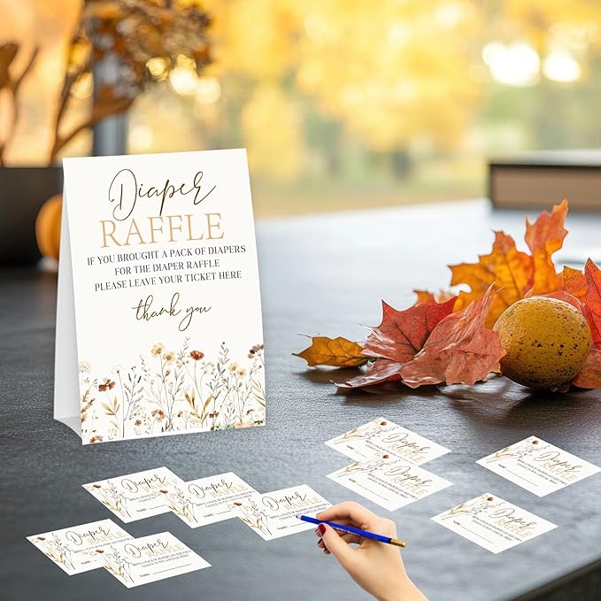 Wildflower Diaper Raffle Tickets and Sign, Thanksgiving Baby Shower Card Set (1 Sign and 50 Cards), Fall Floral Gender Reveal Party Favor Supplies -A16