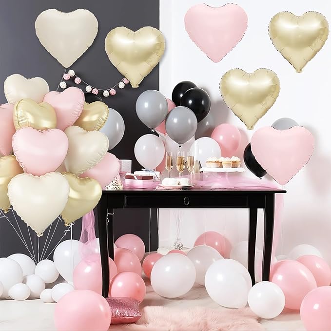 Pink White Gold Heart Balloons,12Pcs 18Inch Cream White Baby Pink Champagne Gold Heart Shaped Foil Helium Balloons for Baby Shower Birthday Anniversary Wedding Engagement Party Decorations