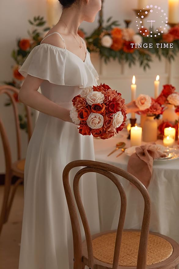 TINGE TIME Artificial Flowers, 25pcs Real Looking Gradient Fall Orange Rose Fake Roses w/Stem for DIY Wedding Bouquets Centerpieces Arrangements Party Baby Shower Home Decorations