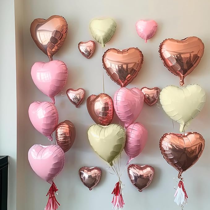 Pink White Heart Balloons, 19PCS Rose Gold and White Heart Shape Balloon, 18Inch with 10Inch Pearl Pink White Helium Foil Love Balloon for Girls Birthday Bridal Shower Wedding Valentine Decorations
