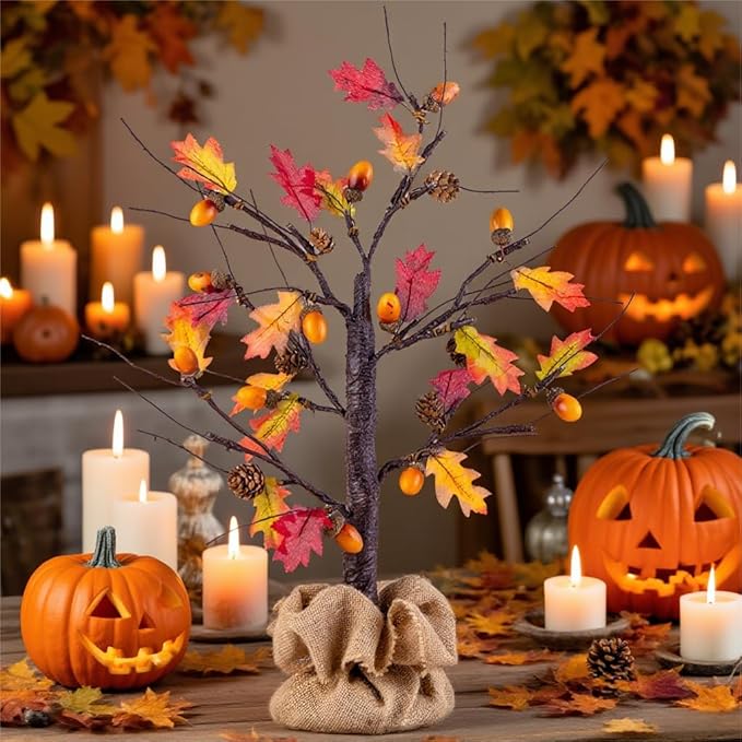 2 Pack Lighted Fall Trees 24in - Battery Operated Autumn Centerpiece with Acorns & Pinecones for Thanksgiving Halloween Decor