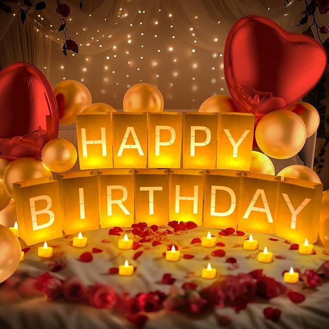 Happy Birthday Decorations, Include Light up Letters, with Tea Lights Candles, Latex Balloons, Aluminum Balloons and Rose Petals, Special Festival, Surprise Gifts Banner for Women and Men