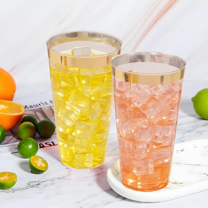 I00000 16 oz Gold Plastic Cups, 100 Pack Clear Plastic Cups Tumblers Gold Rimmed Cup, Heavy-duty Disposable Cup Perfect for Halloween, Thanksgiving and Christmas Parties
