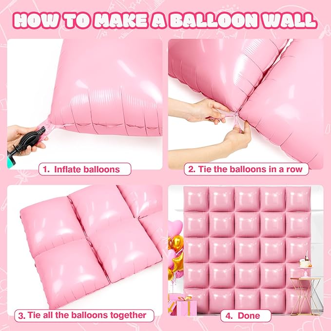 NISOCY 25PCS Pink Square Foil Balloons Wall Backdrop Double Sided Light Pink Balloon Tunnel Arch Kit for Birthday Baby Shower Gender Reveal Wedding Anniversary Valentines Easter Party Decorations