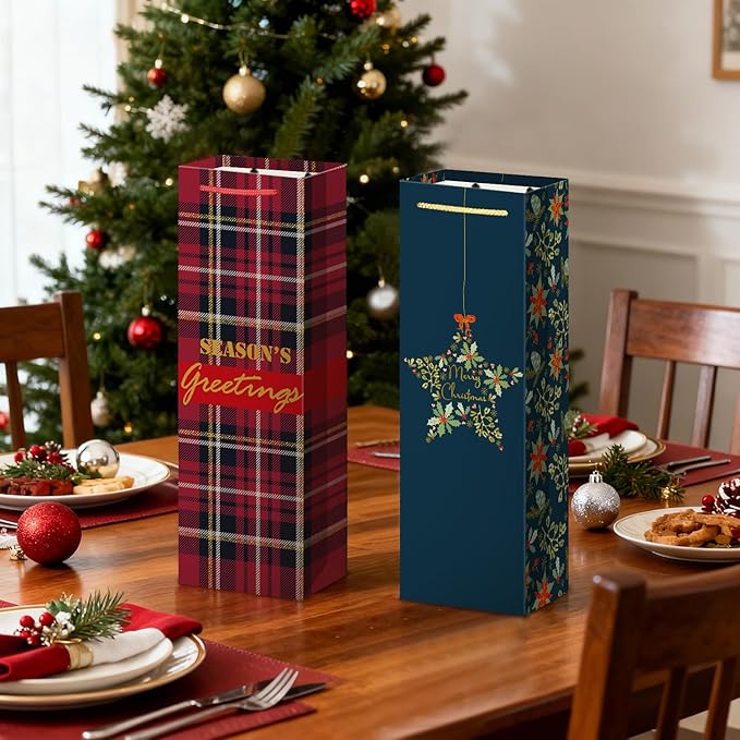 Xylitic 12 Pack Christmas Wine Bags Bulk with Handles, Holiday Wine Gift Bags for Bottles, Birthday Xmas Party Supplies, Drinkers Present (4.7” x 3.5” x 14”)