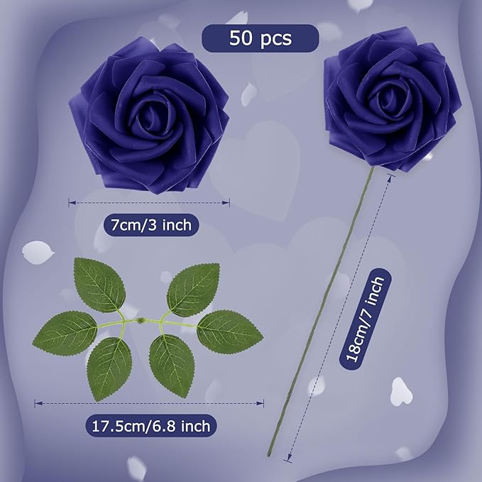 50 Pcs Artificial Foam Rose Flowers Faux Bouquet with Leaves and Stems for DIY Wedding Bouquets Centerpieces Bridal Shower Party Valentine Home Decorations (Navy Blue)