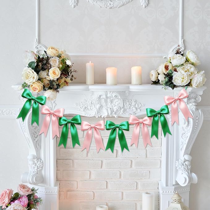 1 String of 8PCS Pink&Green Bow Garland Banner Wicked Party Decoration,Pre-Strung Satin Ribbon Ornaments for Birthday,Bachelorette Party,Wedding,Engagement,Baby Shower,Graduation Decor,Anniversary