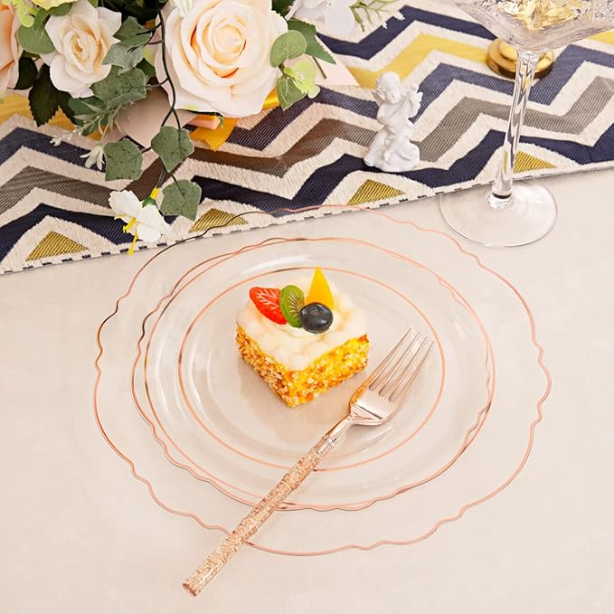 Liacere 150PCS Rose Gold Plastic Plates - Clear Rose Gold Disposable Plates with Glitter Bamboo Handle Cutlery - 60 Baroque Elegant Plates, 30 Forks, 30 Spoons, 30 Knives for Thanksging day&Chrismas