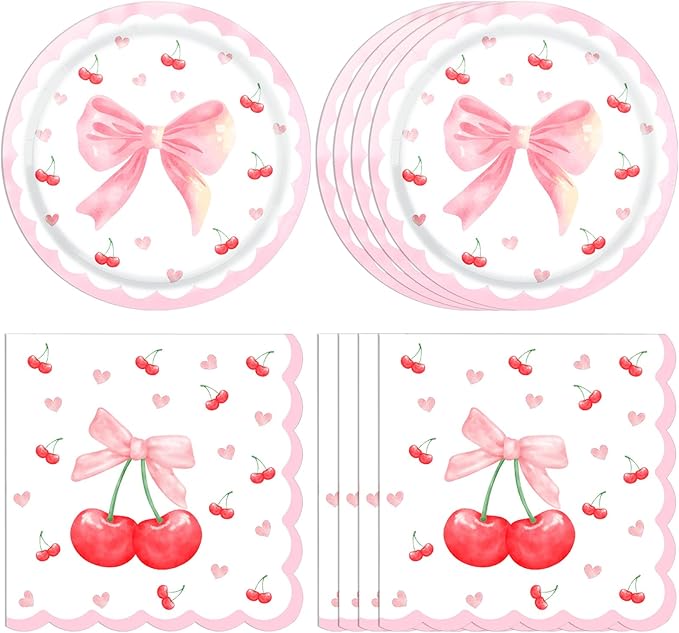 40PCS Cherry Birthday Party Decorations - Disposable Tableware Cherry Party Supplies, Plate, Napkin for Fruit Girls/Summer Cherry Theme Birthday Baby Shower Table Decorations Fit 20 Guests