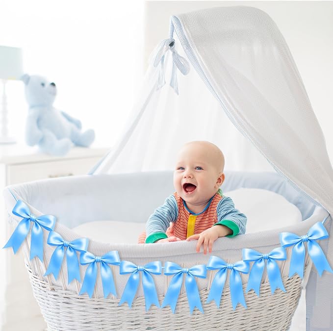 1 String of 8PCS Blue Bow Garland Banner Decoration,Pre-Strung Satin Ribbon Ornaments for Birthday,Bachelorette Party,Bridal Shower,Wedding,Engagement,Baby Shower,Graduation Decor,Anniversary