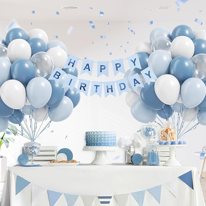 60pcs Dusty Blue Balloons 12inch, Blue and White Balloons with Clear Balloon for Gender Reveal Bridal Baby Shower Birthday Party Decorations