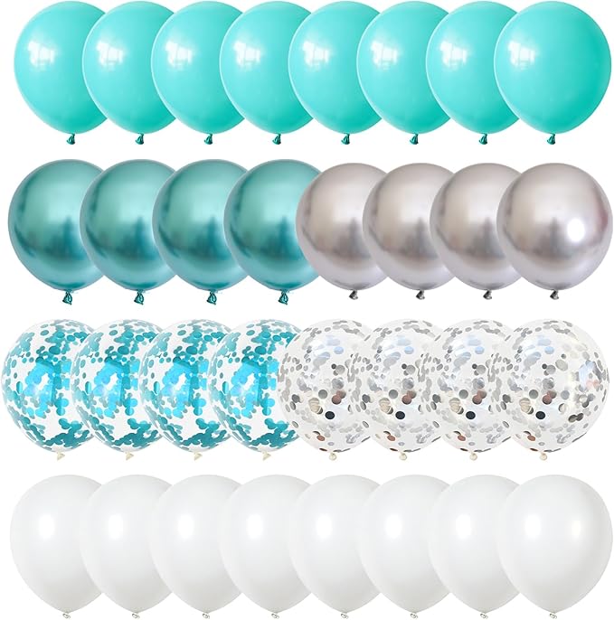 Teal Blue Silver Balloons, 35Pcs Turquoise Light Blue Mint Green Silver White Confetti Latex Balloons Set, Aqua Blue White Silver for Boys Christening Birthday Baby Shower Wedding Party Decorations