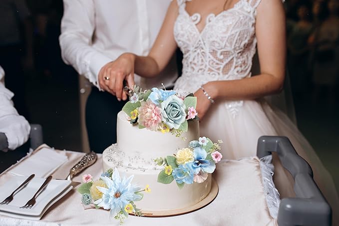 Cake Toppers Flowers,3 Pieces Hand-made Silk Flowers Cake Decorations for Birthday Baby Shower Wedding Valentine's Day Celebration Boho Party Supplies (Blue Pink)