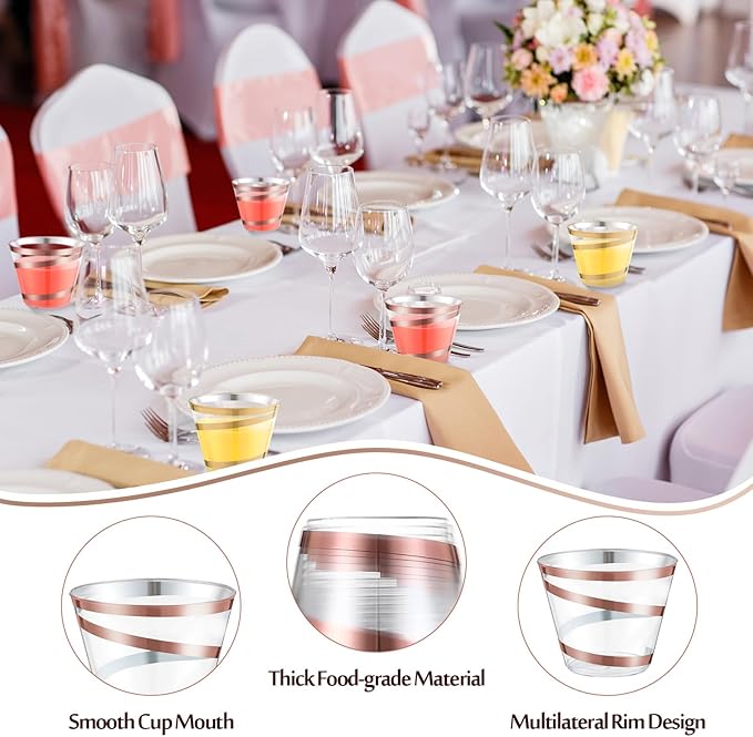 Gejoy 9 oz Rimmed Swirl Plastic Cups Disposable Wine Drinking Cups Clear Elegant Halloween Tumblers for Christmas Party Supplies(Gold, Rose Gold,100 Pcs)