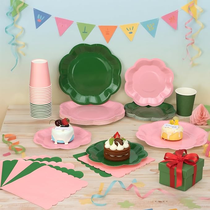 260 Pcs Green And Pink Party Supplies - For 52 Guests Paper Plates And Napkins/Cups - Disposable Big Scalloped Dinner Party Set Cutlery - For Bbq Baby Shower Bridal Shower Wedding