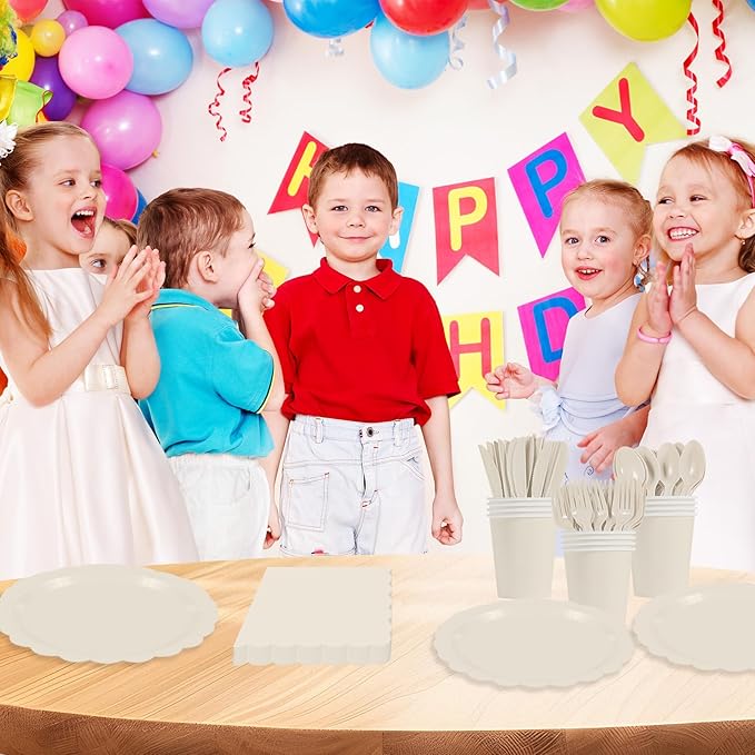 140Pcs Ivory Plates and Napkins, Beige Party Supplies Include Scalloped Cream Paper Plates Napkins Cups Thanksgiving Plate Set for Birthday, Wedding, Bridal&Baby Shower (Ivory white)