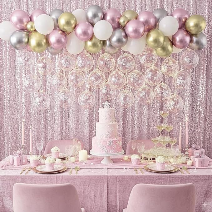 Pink White Winter Wonderland Snowflake Balloons Set, Metallic Light Pink Gold Silver White Snowflake Confetti Balloons for Girl Christmas Birthday Winter Onederland Baby Shower Xmas Party Decorations