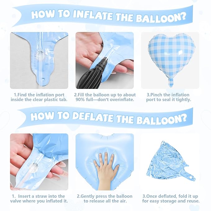 Blue White Checkered Heart Balloons, 10 Pcs Light Blue Grid Heart Shape Balloon, 18 Inch Lattice Foil Valentines Balloons for Kids Boys Birthday Wedding Valentines Bridal Baby Shower Party Decorations