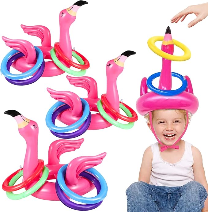 Camlinbo 15 Pcs Inflatable Flamingo Pool Toys Ring Toss Pool Game, Flamingos Luau Party Decor Hawaiian Beach Toys Carnival Outdoor Luau Party Games Supplies for Adults Family