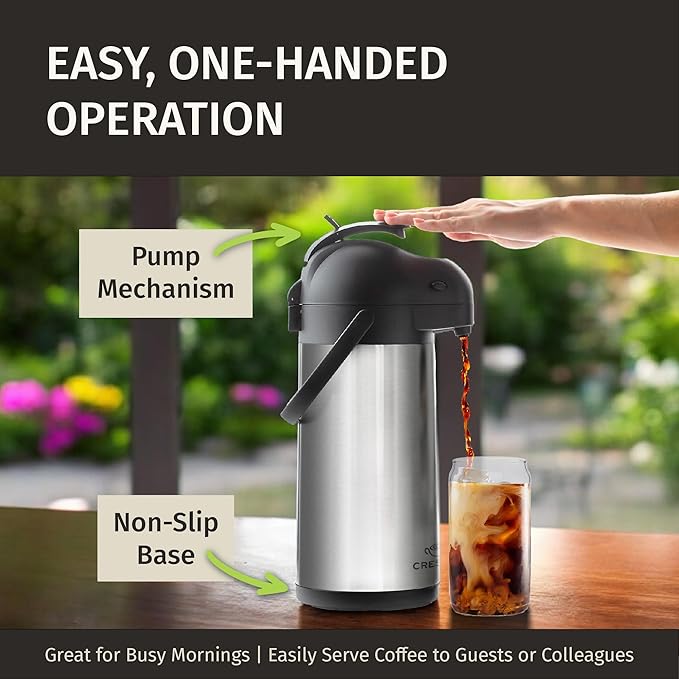 Cresimo Coffee Carafe for Keeping Hot 102oz Airpot Coffee Dispenser with Pump & Stainless Steel Table Tent Signs - 3L Airpots for Hot Beverages - Easy-to-use Insulated Coffee Carafe & Beverage Labels