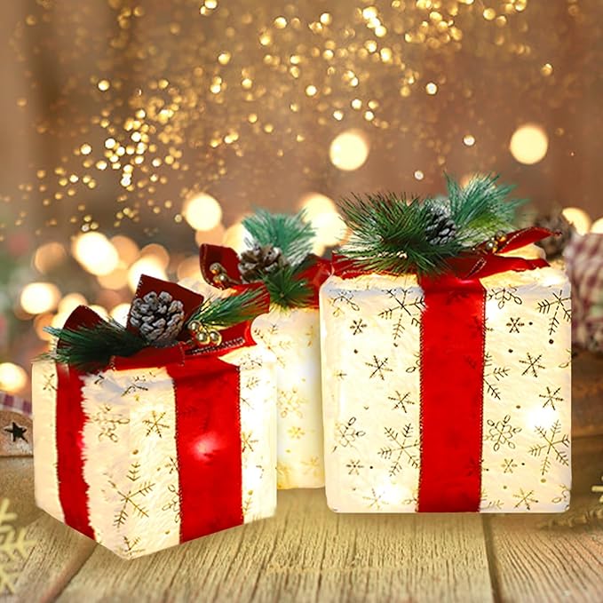 MorTime Christmas Lighted Boxes with Bows, Set of 3 Plush Gift Boxes with Gold Snowflake Pinecone Berry, Present Boxes with 60 LEDs for Christmas Decorations