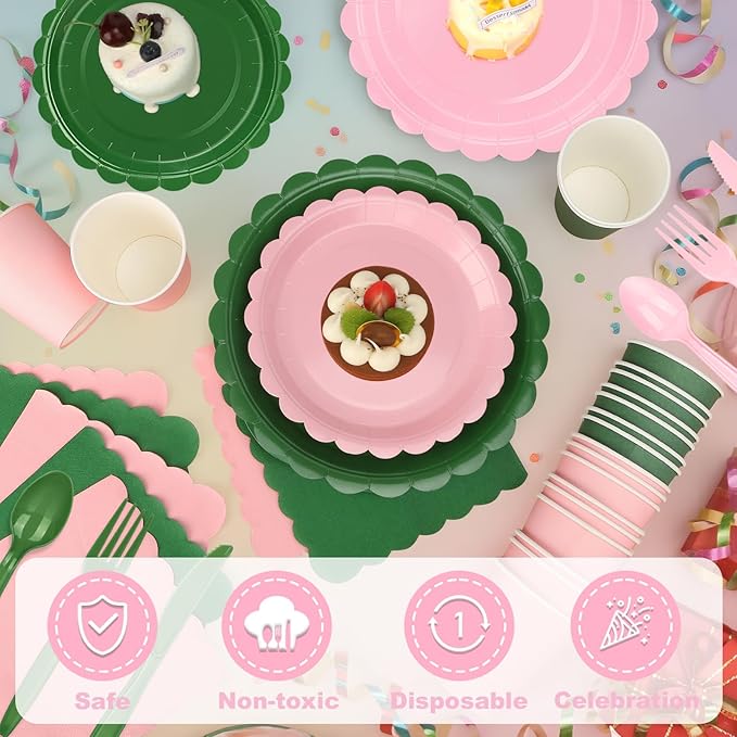 416 Pcs Pink And Green Party Supplies - For 52 Guests Paper Plates And Napkins Knives Spoons Forks Cups - Disposable Small Scalloped Dinner Party Set Cutlery - For Baby Shower Bridal Shower Wedding
