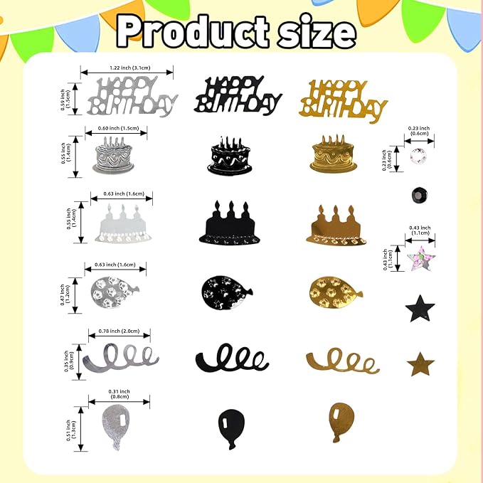 VHUWE Happy Birthday Confetti, 1.6 oz Black Gold Silver Cake Balloon Star Goblet Bottle Glitter Confetti for Happy Birthday Party Decorations Boys Girls Kids Women Men Birthday Table Decorations