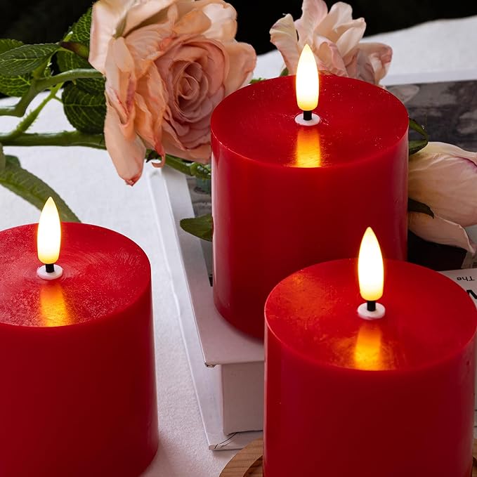 Red Flameless Pillar Candles Set of 3 (3"x3"), Battery Operated LED Candles with Timer and Remote, Real Wax Flickering Light for Christmas Decorations, Romantic Dinner or Holiday Gift