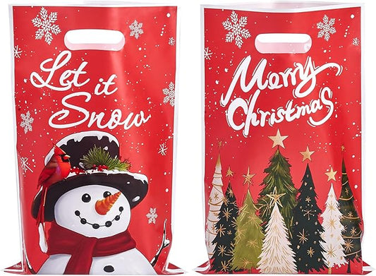 Ahysuet 50Pcs Christmas Goodie Bag, Xmas Party Favors Gift Bags with Handles for Holiday Party Favors Christmas Theme Candy Treat Cookie Bags