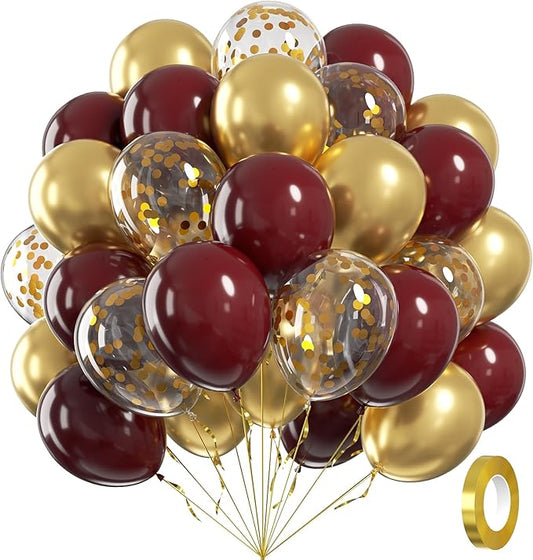 60pcs Burgundy and Gold Balloons 12inch, Maroon and Gold Balloons with Metallic Gold Confetti Balloons for Graduation Birthday Bridal Shower Party Decorations