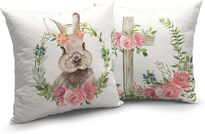 Bunny Floral Wreath Throw Pillow Covers Cross Easter Pillow Covers 16x16 Set of 2 Spring Pink Flowers Cushion Case Cotton Linen Pillowcase for Home Decor Sofa Couch