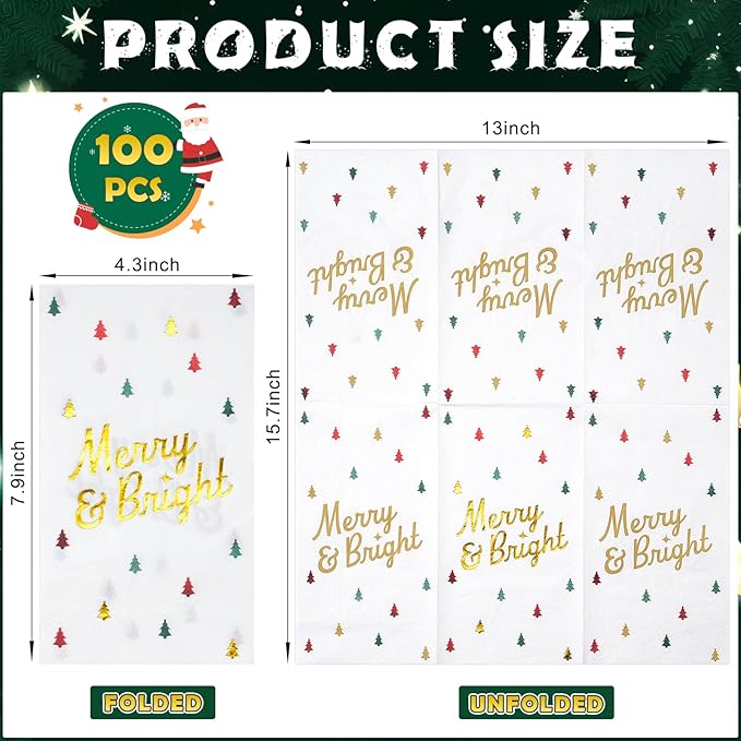 100 Pcs Christmas Tree Paper Napkins Disposable, Merry Bright Red Green Gold Foil Cocktail Napkins, Xmas Holiday Party Guest Dinner Napkin Hand Towels for Christmas Winter Party Supplies, 4.3x7.9 Inch
