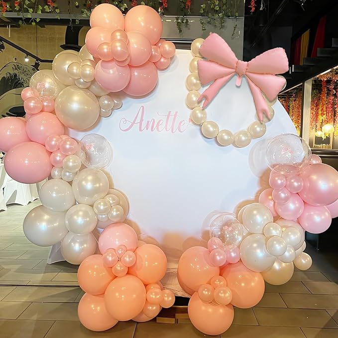 Double Stuffed Pearl White and Pink Balloon Arch Garland Kit, Pearl White Beige with Pink Bow Foil Balloons for Girls Women Wedding Bridal Baby Shower Bachelorette Coquette Birthday Party Decorations