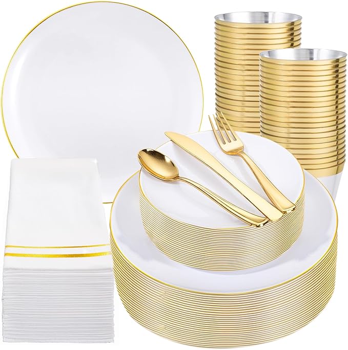 Festiva 350Pcs Gold Plastic Plates - White and Gold Dinnerware Set Disposable include 10" & 7" Plates,Cups,Silverware,Napkins -serve 50 Guests Perfect for Wedding& Chritmas &Thanksgiving Party