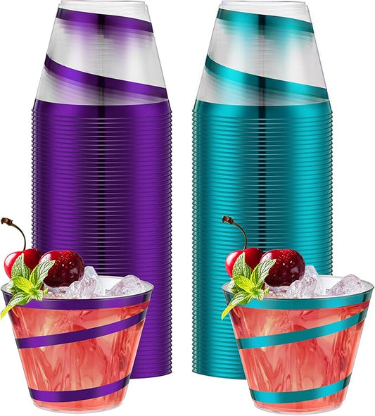 Gejoy 9 oz Rimmed Swirl Plastic Cups Disposable Wine Drinking Cups Clear Elegant Halloween Tumblers for Christmas Party Supplies(Purple, Blue,100 Pcs)