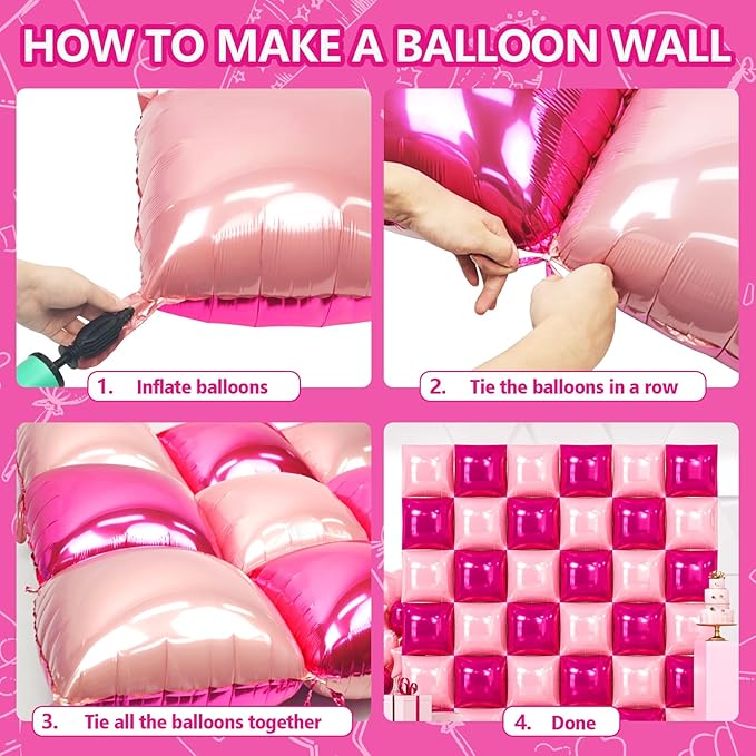 NISOCY 36PCS Hot Magenta Pink Square Foil Balloons Wall Backdrop Double Sided Metallic Pink Balloons Arch Kit for Anniversary Bachelorette Birthday Engagement Bridal Baby Shower Party Decorations