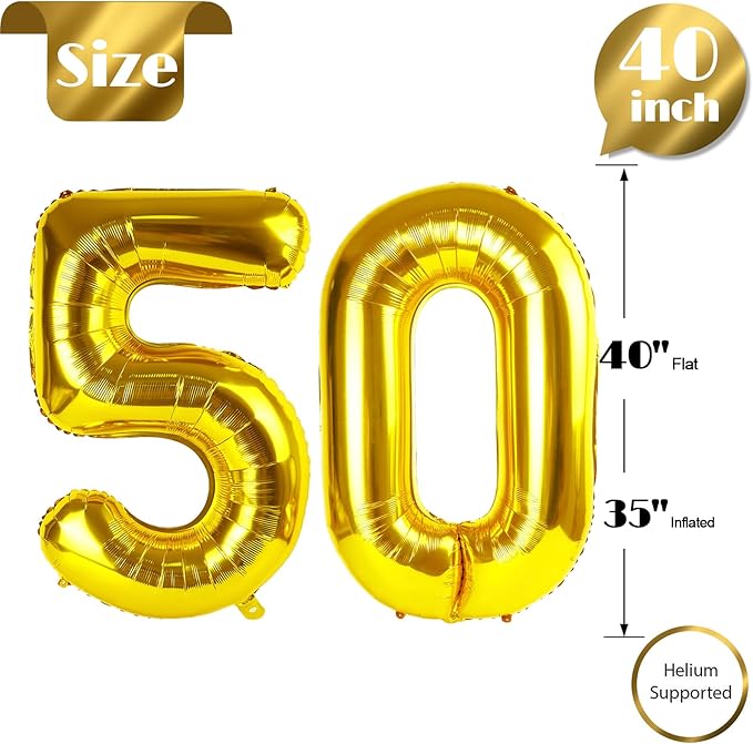Gold Number 50 Balloon 40 Inch, 50th Birthday Party Decorations for Children, Giant 50 Foil Balloon for Party Supplies