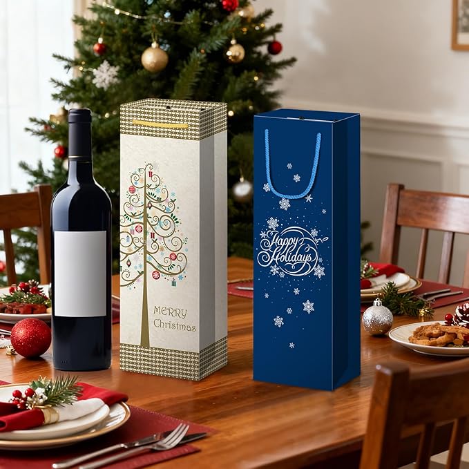 Xylitic 12 Pack Christmas Wine Bags with Handles, Holiday Wine Gift Bags for Bottles, Winter Wedding Birthday Xmas Party Supplies (4.7” x 3.5” x 14”)