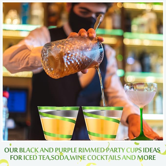 Gejoy 9 oz Rimmed Swirl Plastic Cups Disposable Wine Drinking Cups Clear Elegant Halloween Tumblers for Christmas Party Supplies(Sage Green,100 Pcs)